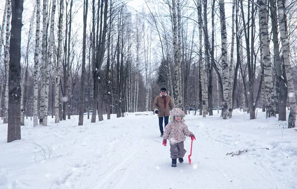 Çocuk kış parkında oynuyor ve ailesiyle eğleniyor.