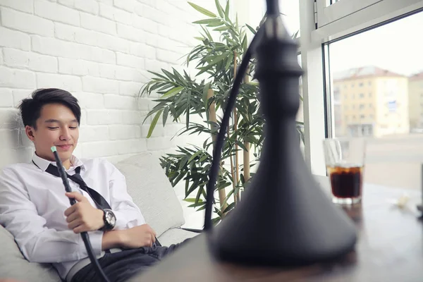 Young Asian Businessman Waiting Partner Cafe Korean Young Man Talking — Stock Photo, Image