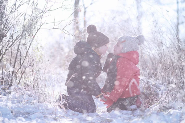 子供たちは公園の最初の雪の中を歩く — ストック写真