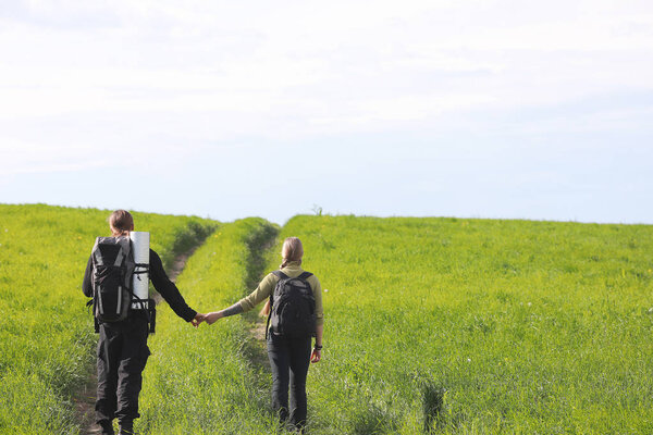 Traveling with a backpack on foot