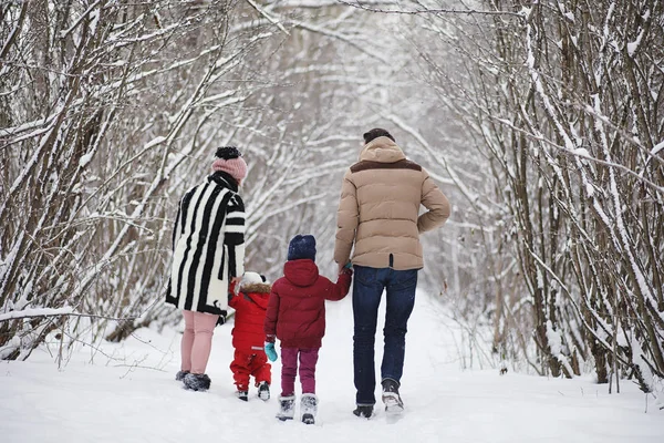 Une jeune famille avec enfants se promène dans le parc d'hiver. Winte — Photo