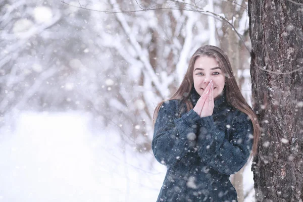 Menina em um parque de inverno na queda de neve — Fotografia de Stock