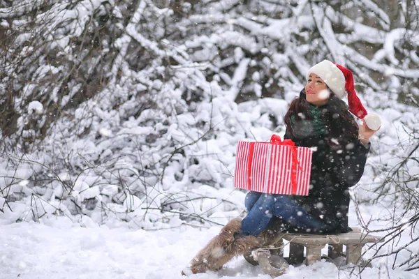 A winter fairy tale, a young mother and her daughter ride a sled