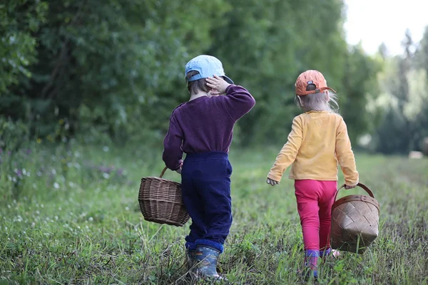 Barn går till skogen för svamp — Stockfoto