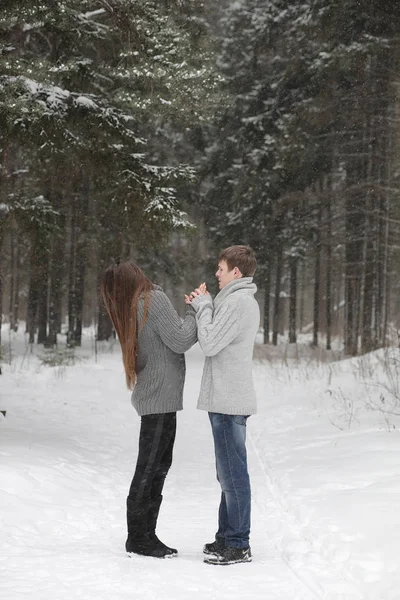 Par de amantes em uma tarde de inverno de data em uma nevasca de neve — Fotografia de Stock