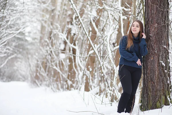 A young girl in a winter park on a walk. Christmas holidays in t — Stock Photo, Image