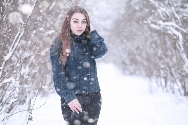 Menina em um parque de inverno na queda de neve — Fotografia de Stock