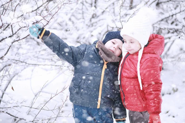 Los niños caminan en el parque primera nieve — Foto de Stock