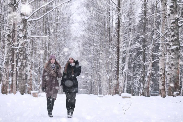 Girl in a winter park in snowfall — ストック写真