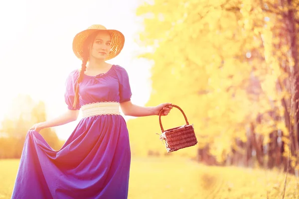 Young Beautiful Girl Dresses Nature Girl Hat Walks Park Young Royalty Free Stock Images