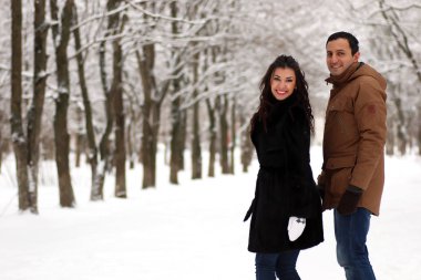 Genç bir çift bir kış Parkta yürümek