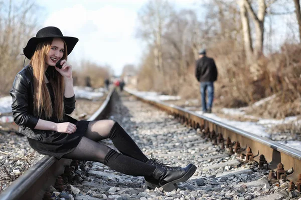 Young Beautiful Girl Hat Dark Make Girl Gothic Style Street — Stock Photo, Image