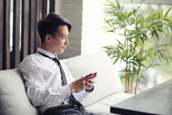 Young Asian Businessman Waiting Partner Cafe Korean Young Man Talking — Stock Photo, Image