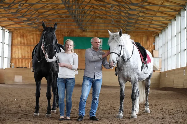 People on a horse training in a wooden arena