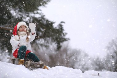 Bir kış masal, genç bir anne ve kızı bir kızak sürmek