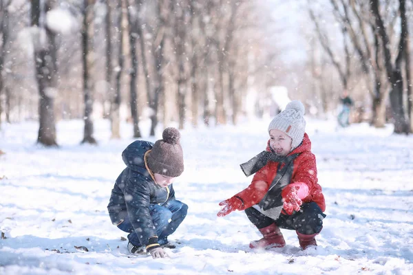 子供たちは公園の最初の雪の中を歩く — ストック写真