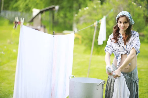 Pregnant Woman Hanging Wash Clothes Rope Drying — Stock Photo, Image