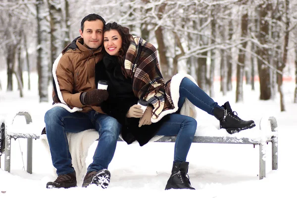 Um jovem casal caminha em um parque de inverno — Fotografia de Stock