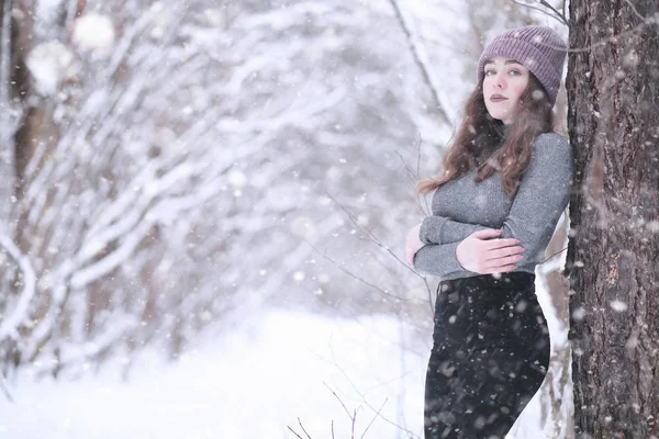 Menina em um parque de inverno na queda de neve — Fotografia de Stock