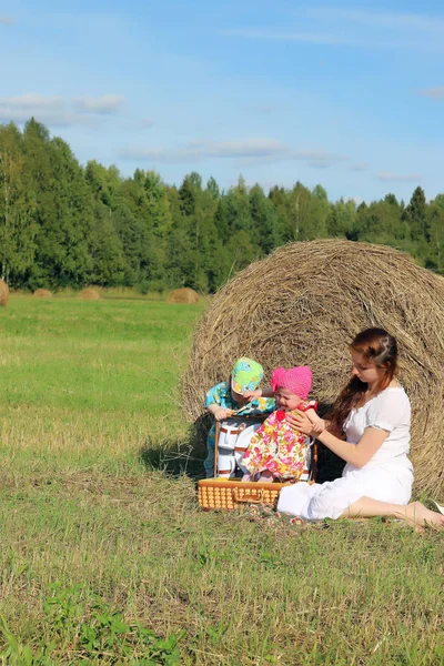 Mère Avec Jumeaux Dans Champ — Photo