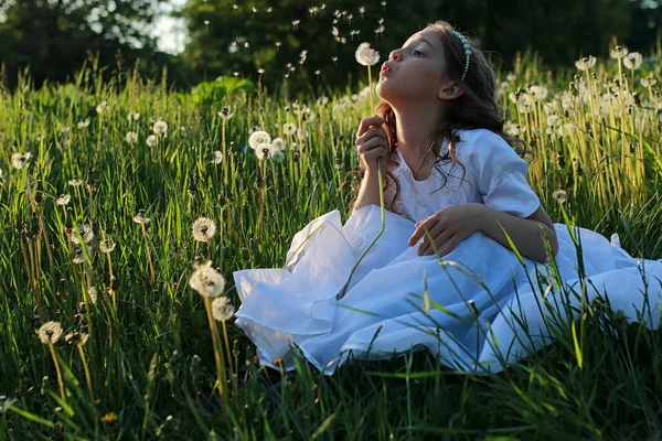 Adolescente soprando sementes de uma flor de dente de leão em um parque de primavera — Fotografia de Stock