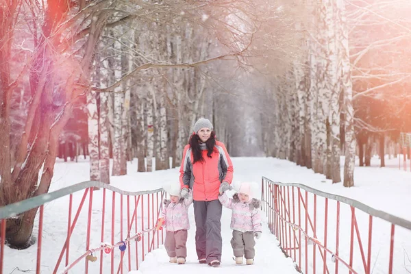 Діти гуляють в парку взимку. Зимовий ліс сім'я з — стокове фото