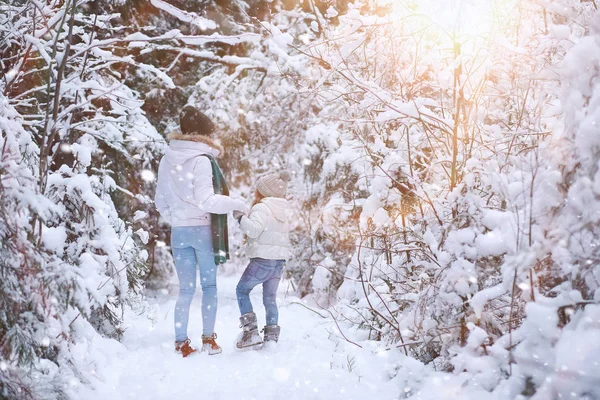 Una familia joven para dar un paseo. Mamá y su hija están caminando en un winte — Foto de Stock