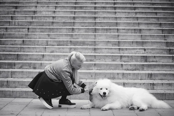 Lovely girl on a walk with a beautiful dog — Stock Photo, Image