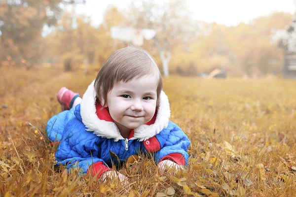 Mała dziewczynka pozowanie na kamery spaceru w parku jesień — Zdjęcie stockowe