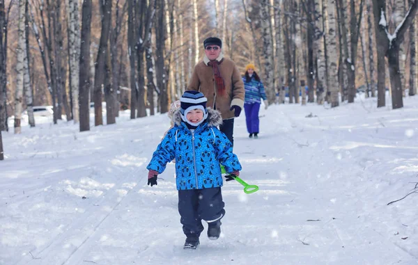 Bambino che gioca in un parco invernale e divertirsi con la famiglia — Foto Stock