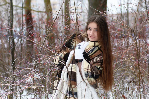 Jovem menina bonita no inverno dia nevado — Fotografia de Stock