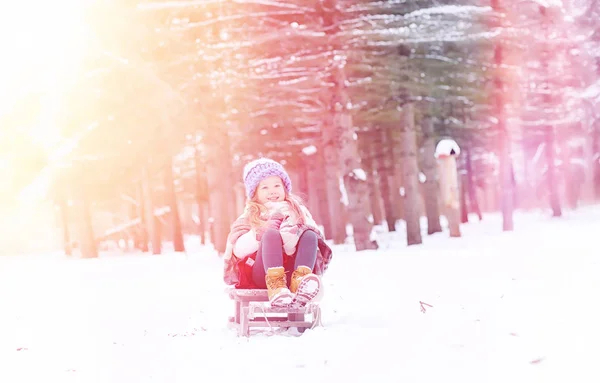 A winter fairy tale, a young mother and her daughter ride a sled — Stock Photo, Image