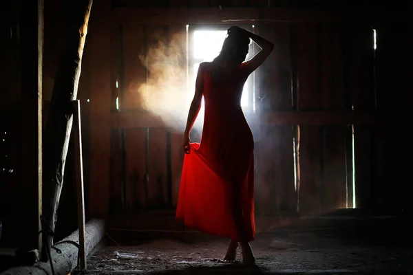 Silhouette of a beautiful girl in a red dress — Stock Photo, Image