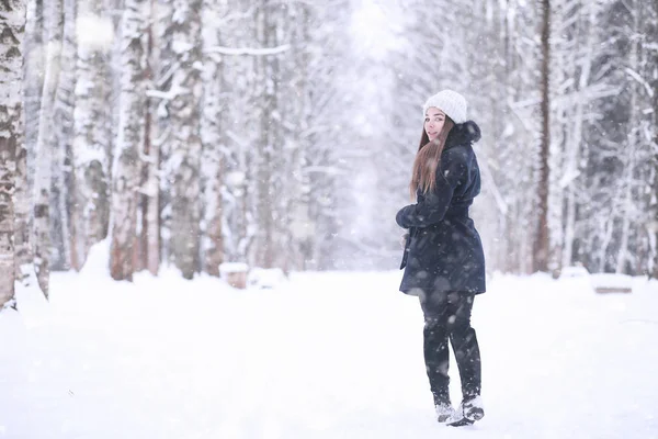 Menina em um parque de inverno na queda de neve — Fotografia de Stock