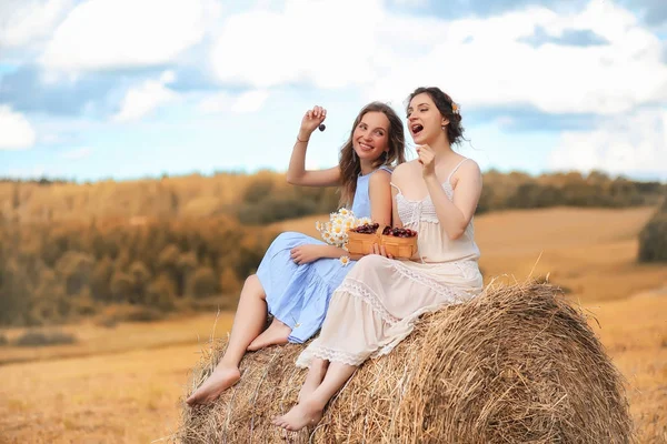 两个美丽的女孩在秋天的田野与浆果的衣服 — 图库照片