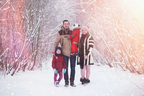 Ung familj med barn vandrar i Vinterparken. Vintern — Stockfoto