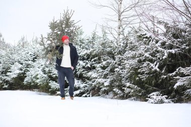 Sokakta kesilmiş bir Noel ağacı olan bir adam. N için Hazırlık