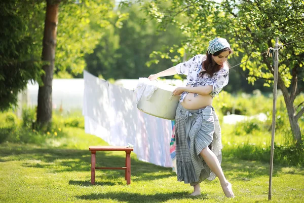 Pregnant Woman Hanging Wash Clothes Rope Drying — Stock Photo, Image