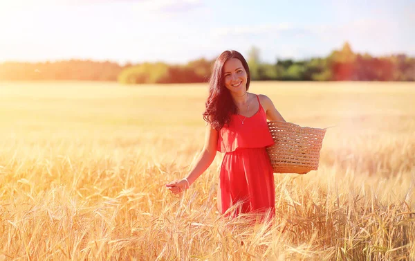 Gadis muda di ladang gandum. Pemandangan musim panas dan seorang gadis di na — Stok Foto