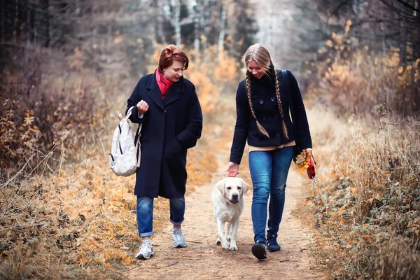 Mor Och Tonåring Promenad Höstträdgården — Stockfoto