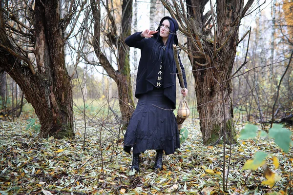 Una mujer con un traje de bruja en un bosque — Foto de Stock