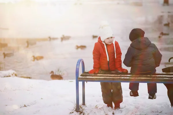 Niños Lindos Ropa Abrigo Jugando Parque Invierno — Foto de Stock