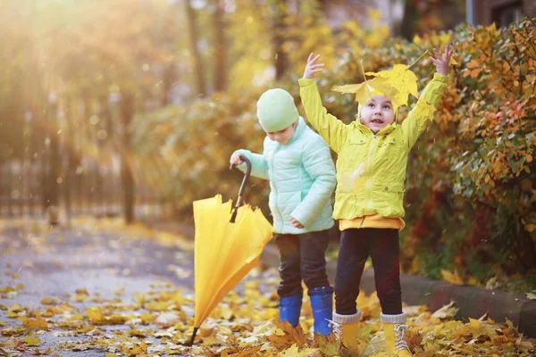 Les enfants marchent dans le parc d'automne — Photo