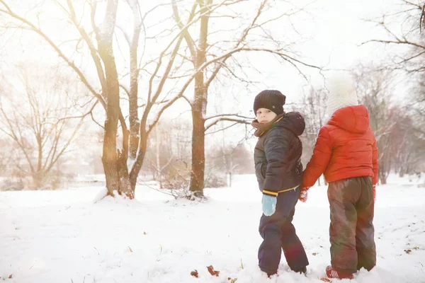 Mignons Enfants Vêtements Chauds Jouant Dans Parc Hiver — Photo