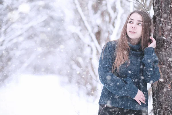 Girl in a winter park in snowfall — Stok Foto