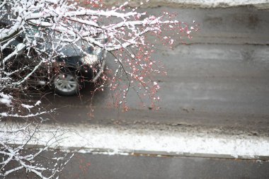 Winter Park 'ta. Karlı havada manzara manzarası. Ocak.