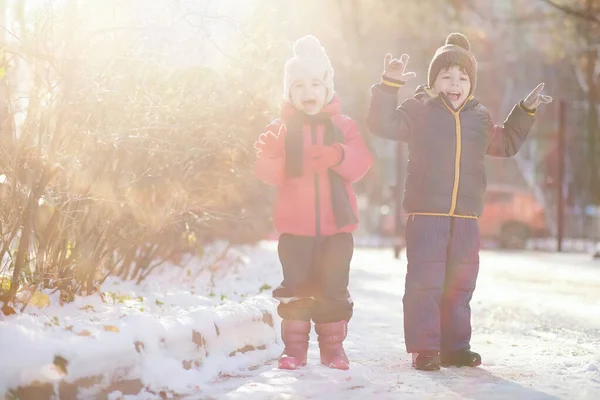 Crianças Bonitos Roupas Quentes Jogando Parque Inverno — Fotografia de Stock