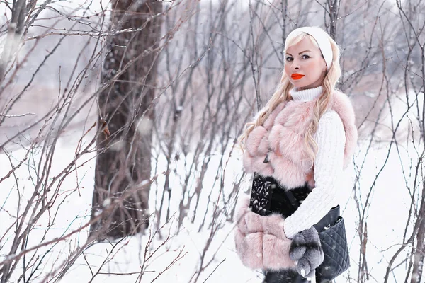 Dia nevado menina loira em um passeio em um parque de inverno — Fotografia de Stock