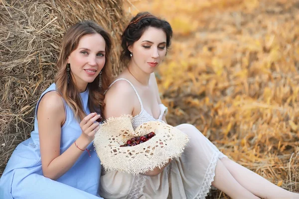 Dos chicas en vestidos en el campo de otoño — Foto de Stock