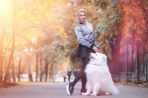 Härlig flicka på promenad med en vacker hund — Stockfoto